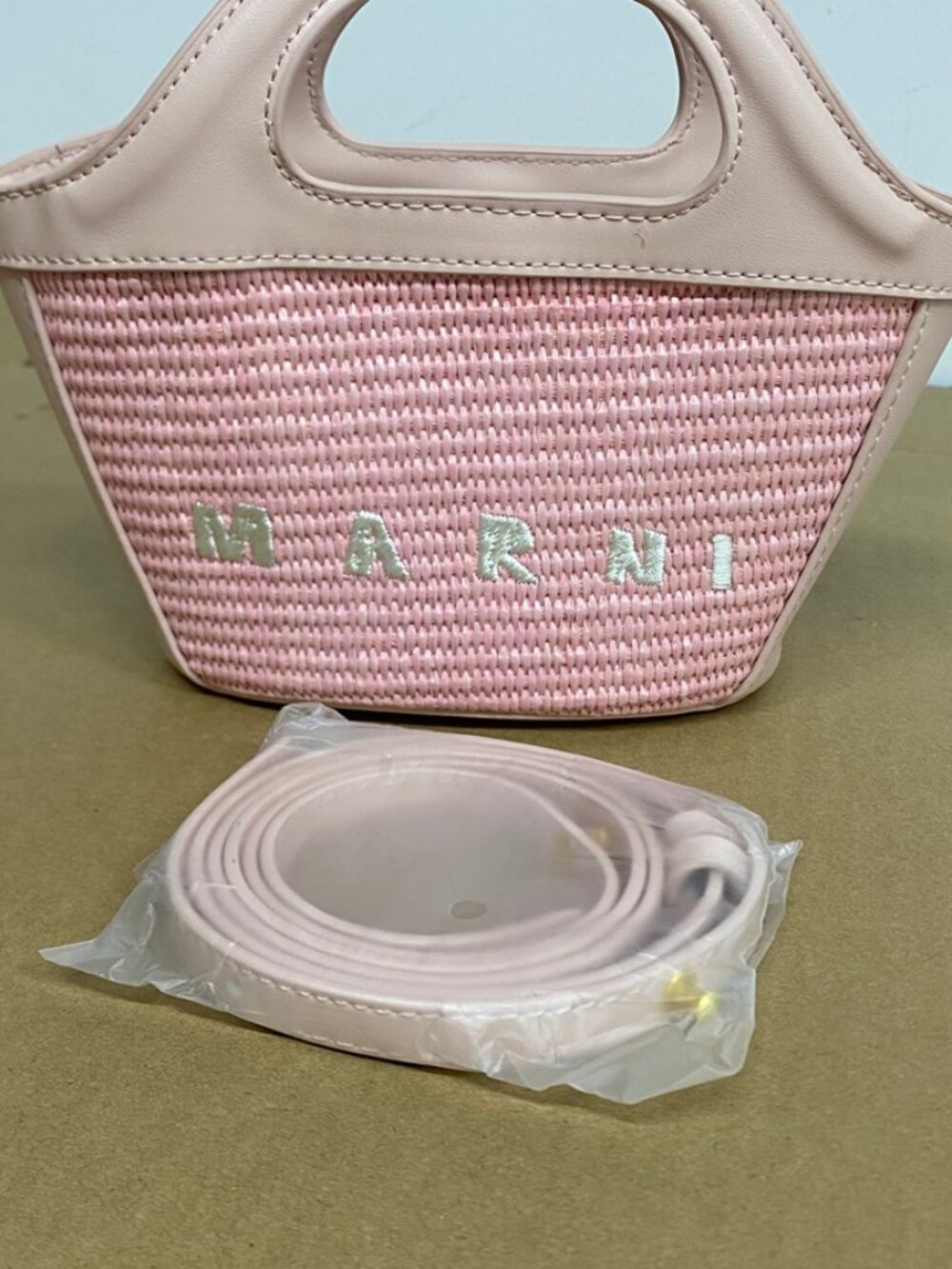 MARNI Pink Woven Mini Tote Bag with Crossbody Strap